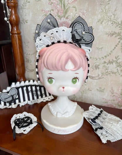 【6月18日予約締切】ピンク/ ブルー/ブラックスイートメイドロリータキャンディストライプシリーズアクセサリー（ナースハット・カチューシャ・エプロン・ヘアクリップ・リストカフス）