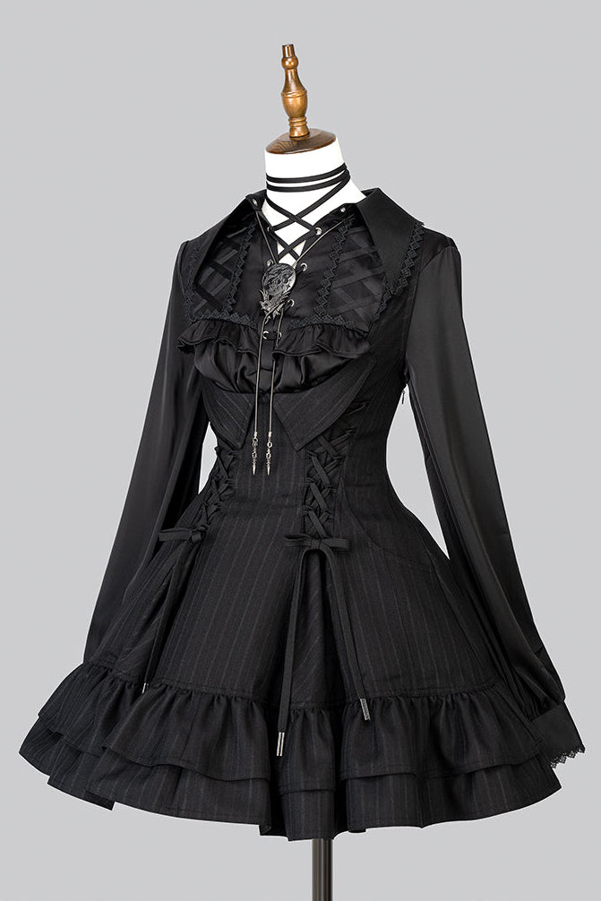 【12月29日予約締切】ゴシックロリータダークカラーストライプバッククロスフリルサスドレス
