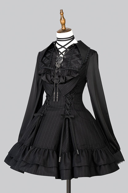 【12月29日予約締切】ゴシックロリータダークカラーストライプバッククロスフリルサスドレス
