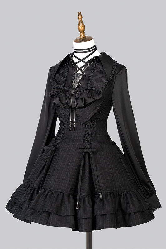 【12月29日予約締切】ゴシックロリータダークカラーストライプバッククロスフリルサスドレス