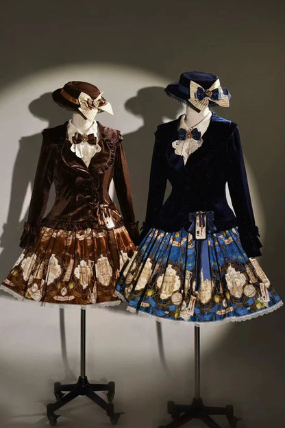[Pre-order Deadline: November 6] Navy Blue/Brown Classic Italian Travel Diary Lolita Vintage Print Skirt