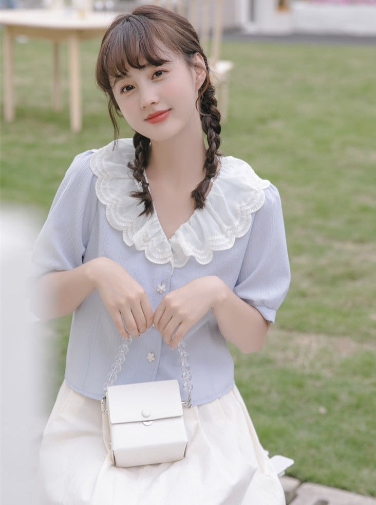 Puff sleeves French lace color shirt