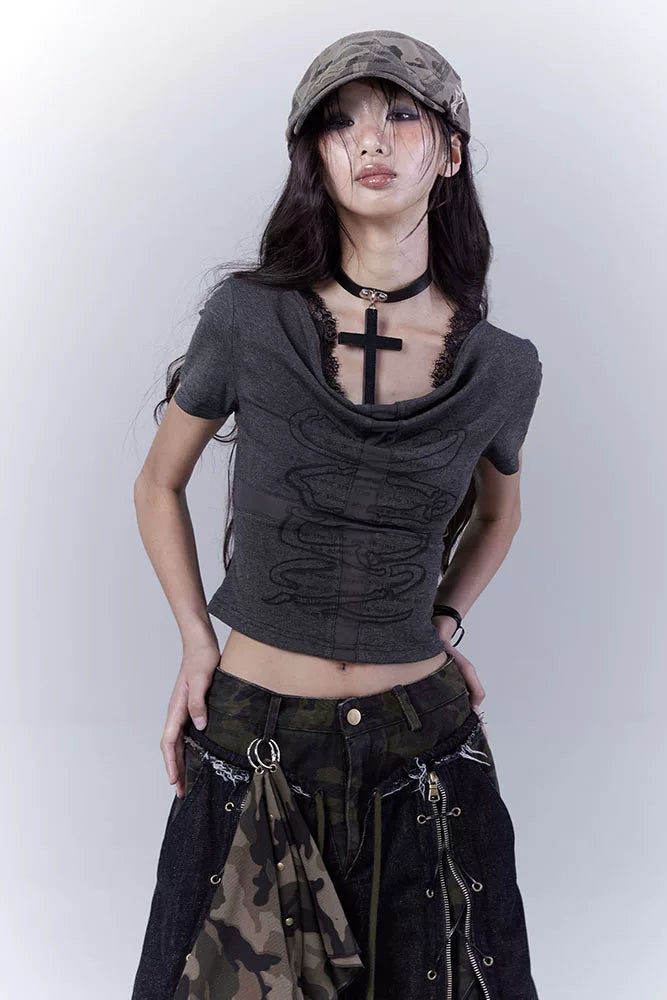 ダークスリムレースクロストップス