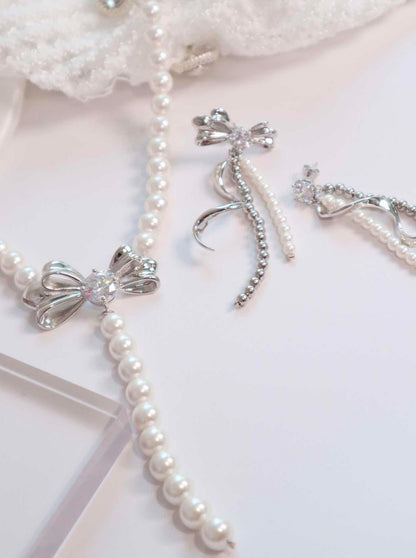 Silver Ribbon Pearl Necklace + Earrings