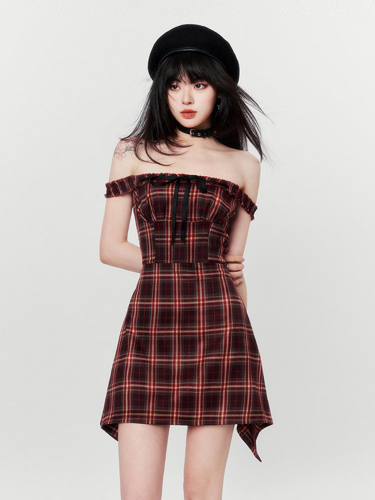 French Retro Check Ilehem Frill Ribbon Sas Dress