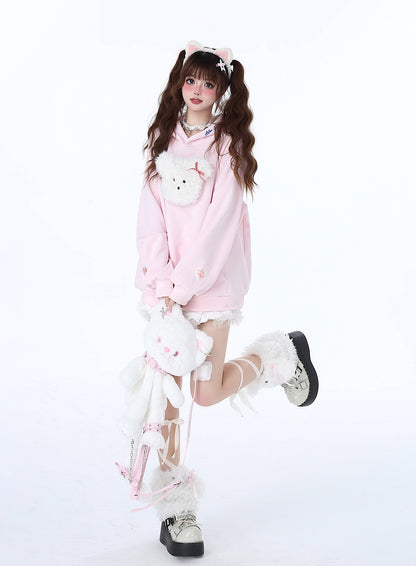 Fluffy Morabito Rabbit Loose Pastel Color Hooded Hooded Hoodie