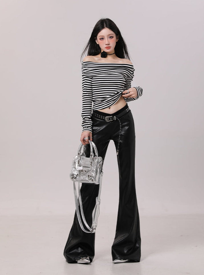 Leather design long flare pants