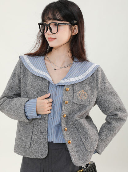 Stylish retro gray boa short jacket + blue striped sailor shirt + gray long skirt