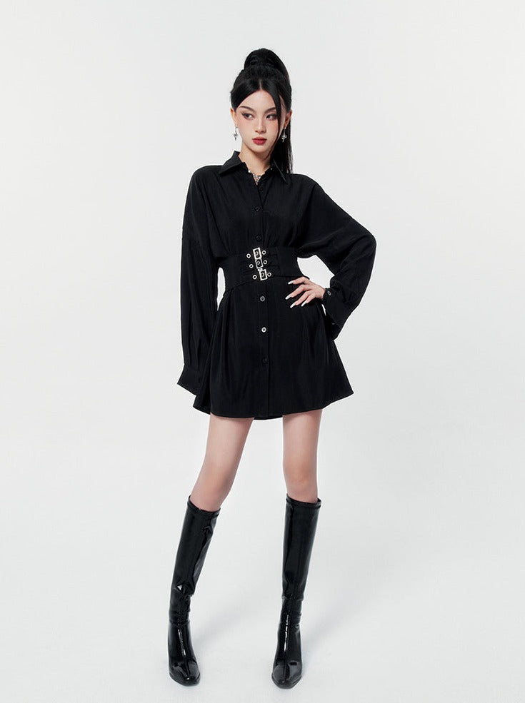 Dark satin waistband shirt dress 