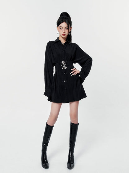 Dark satin waistband shirt dress 