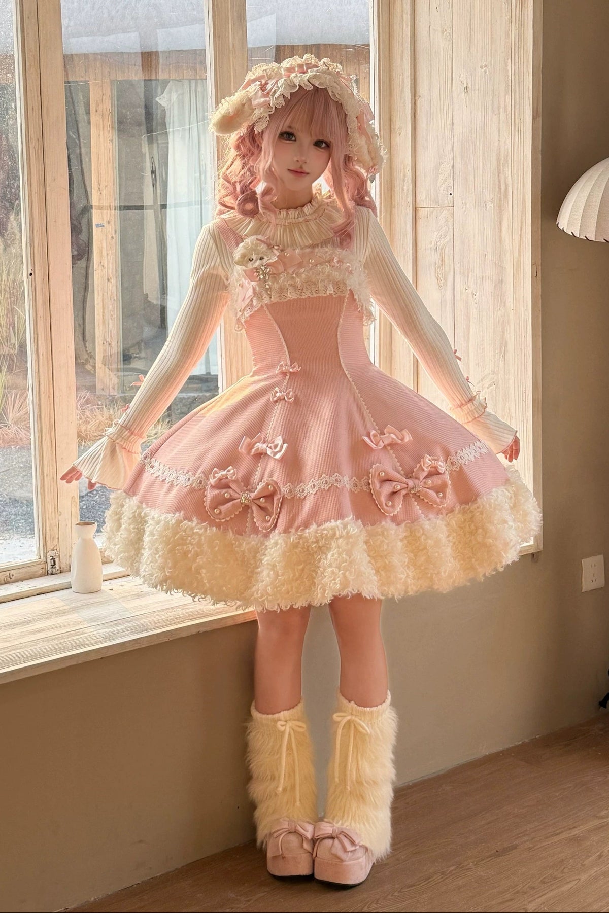 【11月7日予約締切】Yellow/Pink Sweet Lolita Lace Ribbon Fluffy Hem JSK Dress + Ruffle Neck Ribbed Bell Sleeve Top