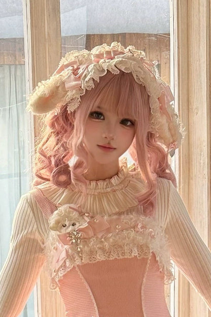【11月7日予約締切】Yellow/Pink Sweet Lolita Ribbon Lace Headband With Lamb Ear Accent + Fluffy Lamb Brooch