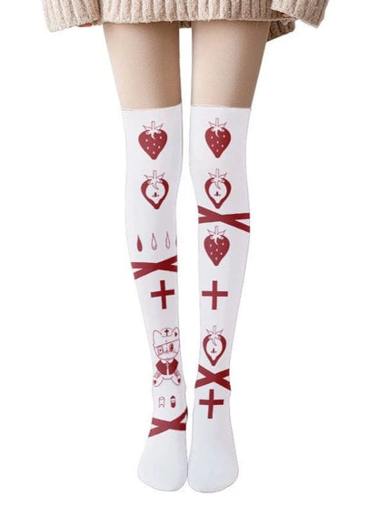 Gothic Cross Print Knee-High Socks