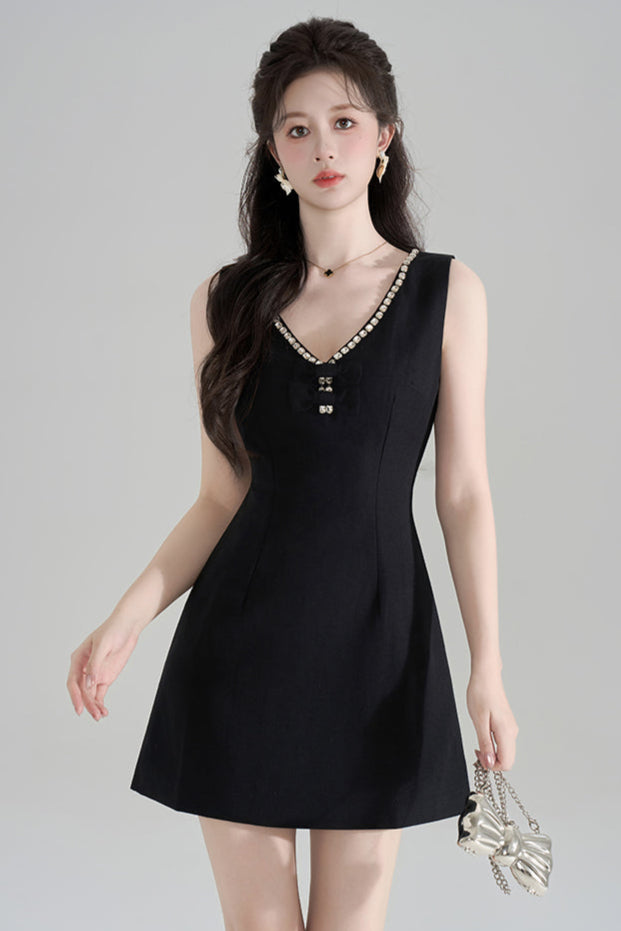 French Beaded V-Neck Sleeveless Dress