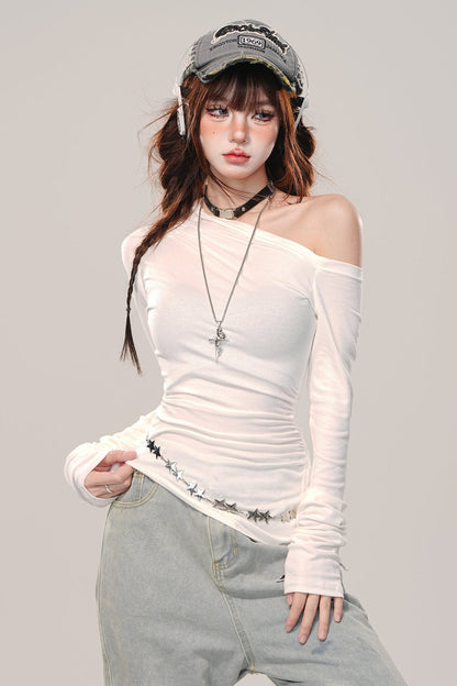 Irregular shoulder long sleeve top