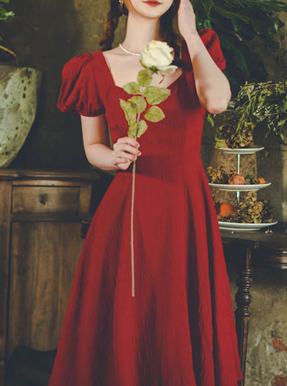 Wine Red Puff Sleeve Crinkle French Dress 