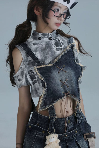 Y2Kスターデニムオーバーオールスカート+インナートップス