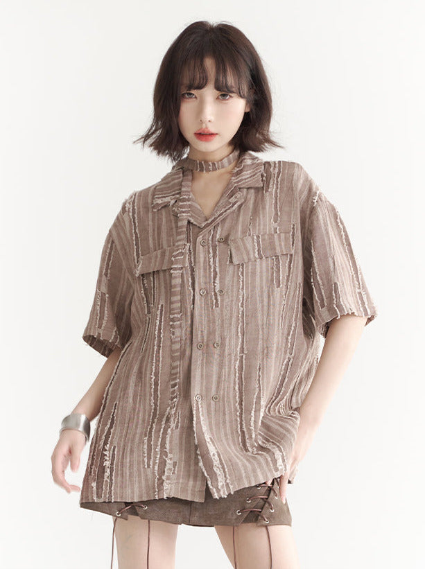 Open collar neck strap design damaged loose shirt