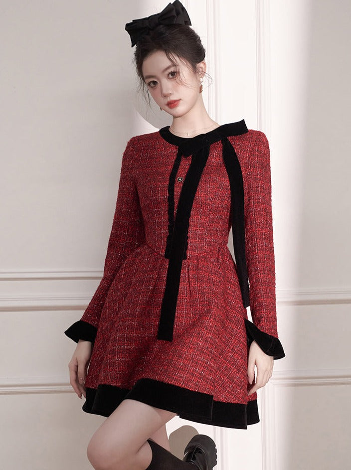 Tweed Red French Waistband Dress