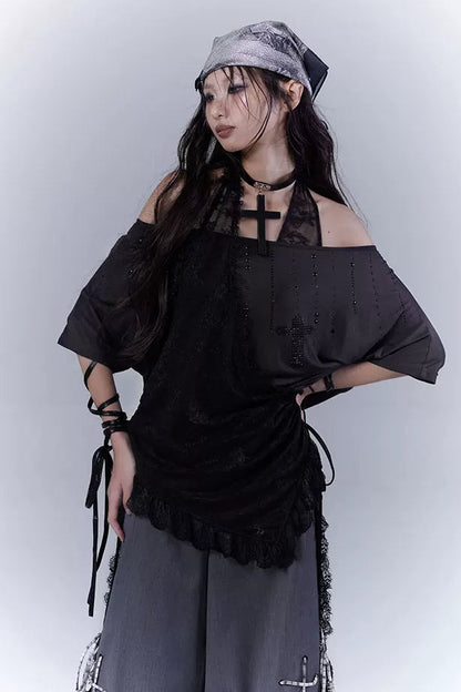 シアーオフショルレースハルタートップス