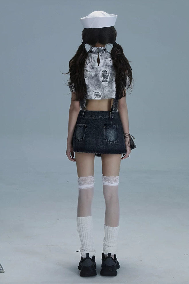 Y2Kスターデニムオーバーオールスカート+インナートップス