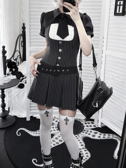 【4月29日予約締切】ブラックピンストライプタイカラーショートジャケットドレスフルセット＋ジュエルキャスケット