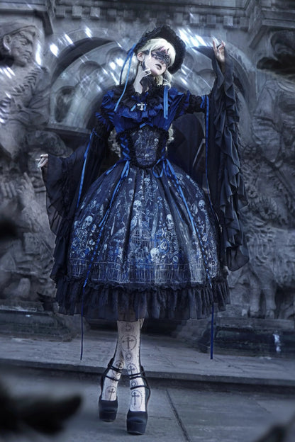 【11月25日予約締切】Gothic Lolita Frill Lace Puff Sleeve Satin Shirt + Skeleton Lace Layered Corset Skirt + Detachable Bell Sleeves + Bonnet Set