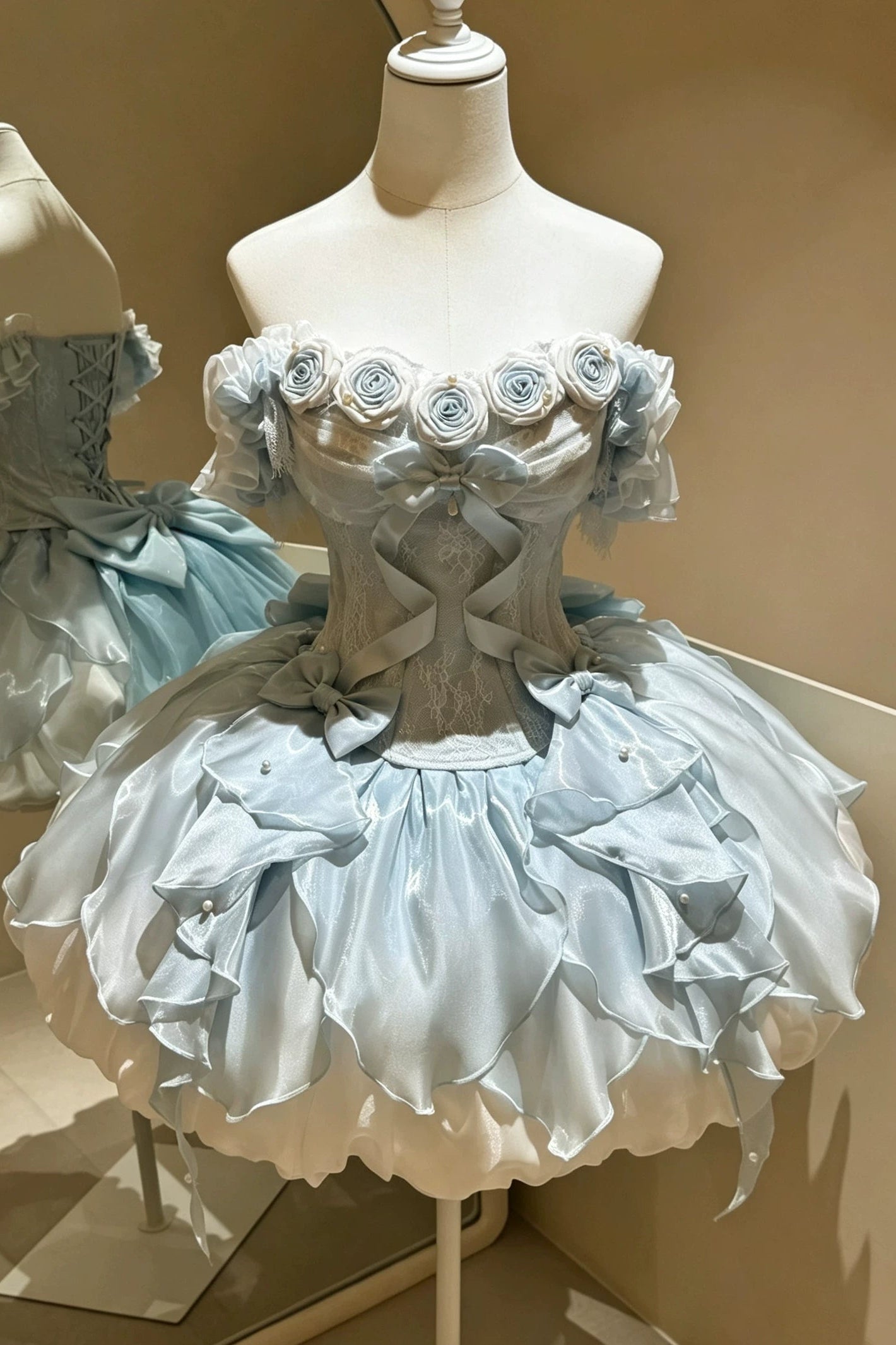 【9月6日予約締切】Romantic Rose Ballet Lolita Bow Lace Corset Bustier＋Layered Ruffle Bow Bubble Skirt + Bow Train（Set1/2）