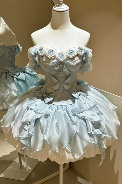 【9月6日予約締切】Romantic Rose Ballet Lolita Bow Lace Corset Bustier＋Layered Ruffle Bow Bubble Skirt + Bow Train（Set1/2）
