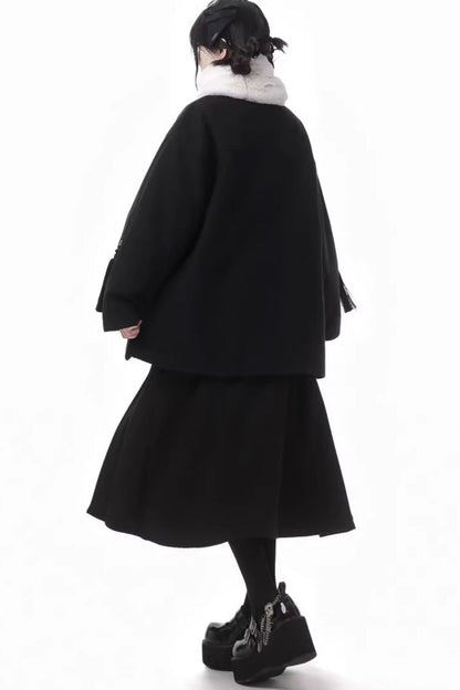 Pinsafik [Tachikawa] red and black temperament New Year's suspender skirt wool collar jacket looks thin New Year's Eve 