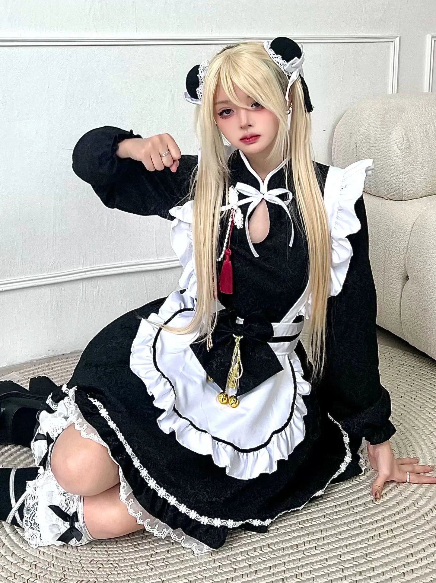 Next-generation/original innovative Chinese style Chinese style black and white maid buckle bow cosplay dress