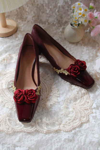 レトロスクエアトゥフレンチレザーステッチフラットヒール