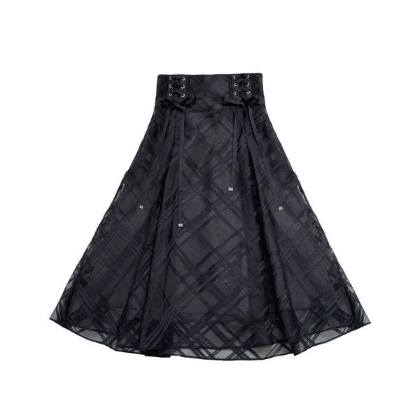 Elegant long skirt + lace shirt + ribbon