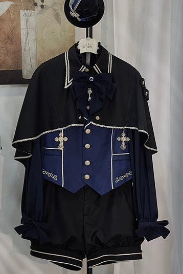 [Reservierungsschluss am 913] Schwarz/Weiß Prinz Gothic-Kreuzanhänger Cape mit Spitzenbesatz