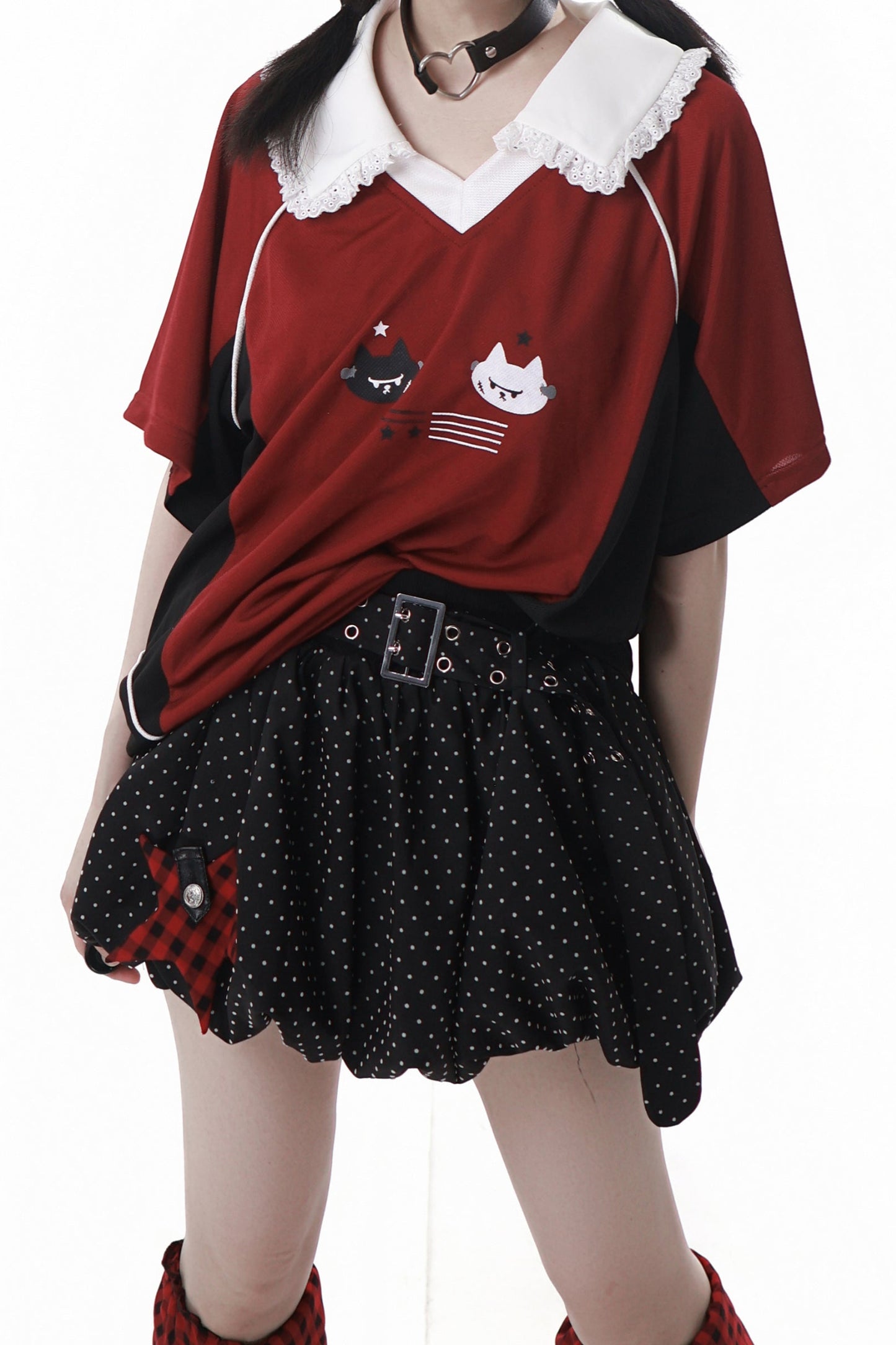 レースカラーオーバートップス＋バルーンスカート＋ロングパンツ＋レッグウォーマー