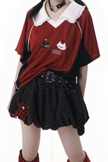 レースカラーオーバートップス＋バルーンスカート＋ロングパンツ＋レッグウォーマー