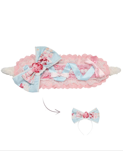 【10月21日予約締切】Pink/Blue Lamb Ear Headband With Detachable Ribbon + Strawberry Embroidered Ribbon KC