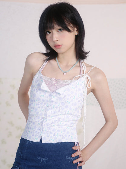 Retro Flower Ribbon Neck Camisole