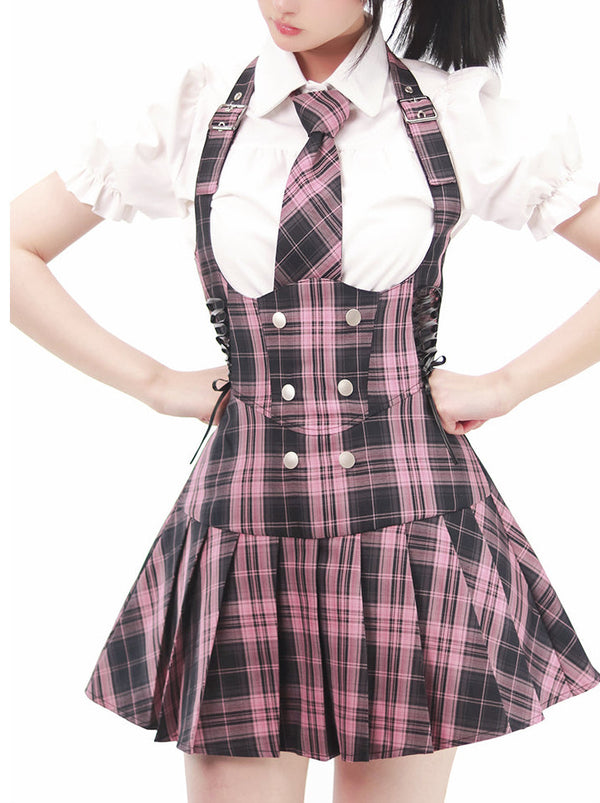 Black Pink Uniform Coordinating Shirt &amp; Check Tie Lace-up Pleated Sass Skirt Setup [Box Pleats/Plain Pleats]