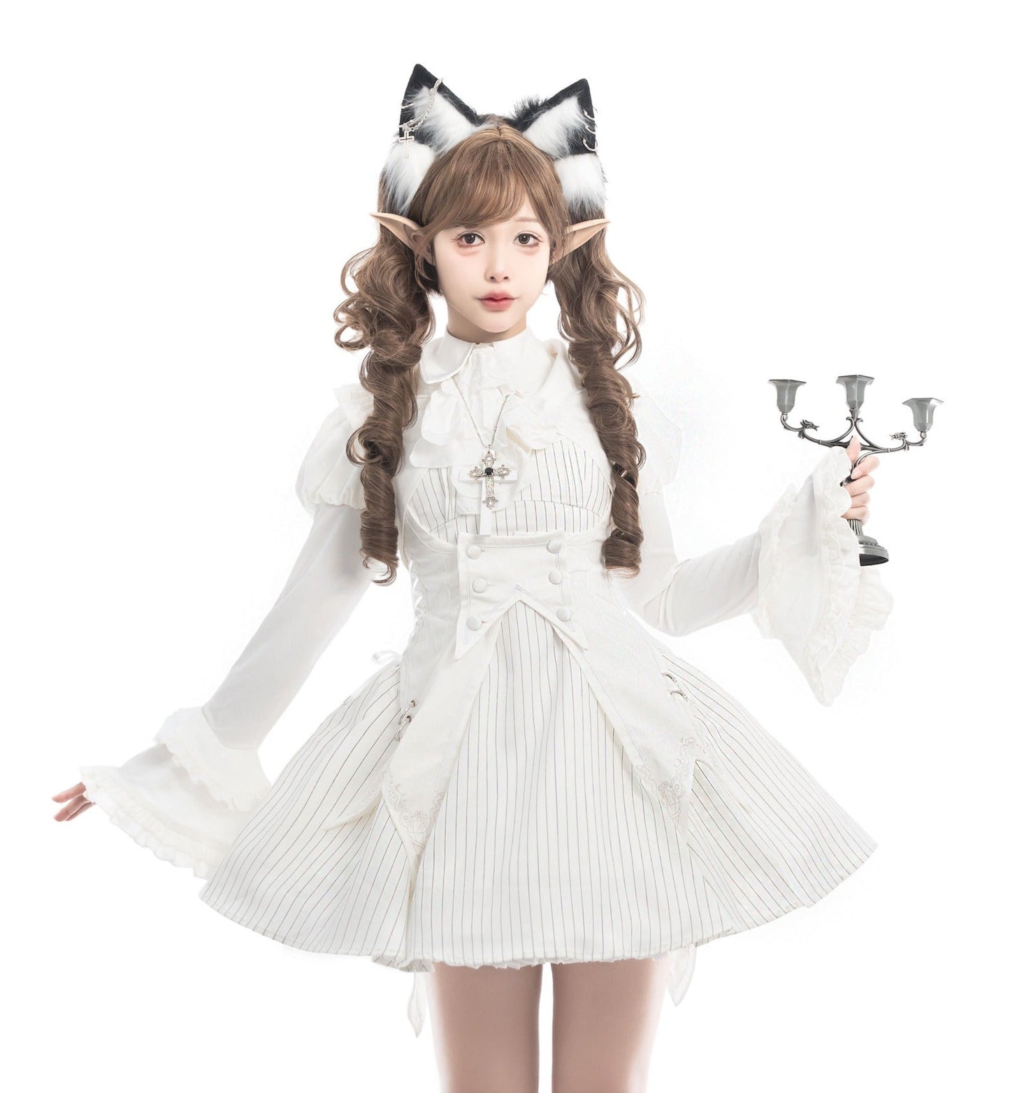 [Reservation Deadline: March 29] Elegant Gothic Punk Series Striped Dress + Jabot Faux Collar