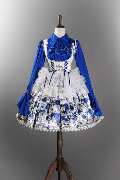 [Reservierungsschluss am 26. Juni] Blau/Schwarz/Grau/Grün/Lila/Weiß Gothic-Lolita-Hemd mit Fledermausflügel-Kragen und eleganten Rüschen-Flare-Ärmeln