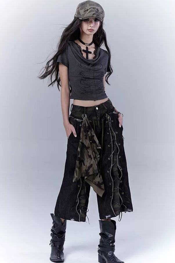 カモフラージュディストレストクロップドパンツ+スカーフ