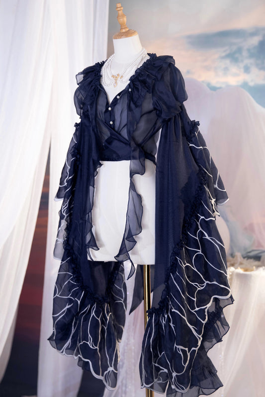 [Pre-order Deadline: June 1] Dark Blue/Pink/Dark Teal Atlantis Dark Fantasy Lolita Sheer Ruffle Silver Embroidery Princess Sleeve Shawl Jacket + Elegant Long Train