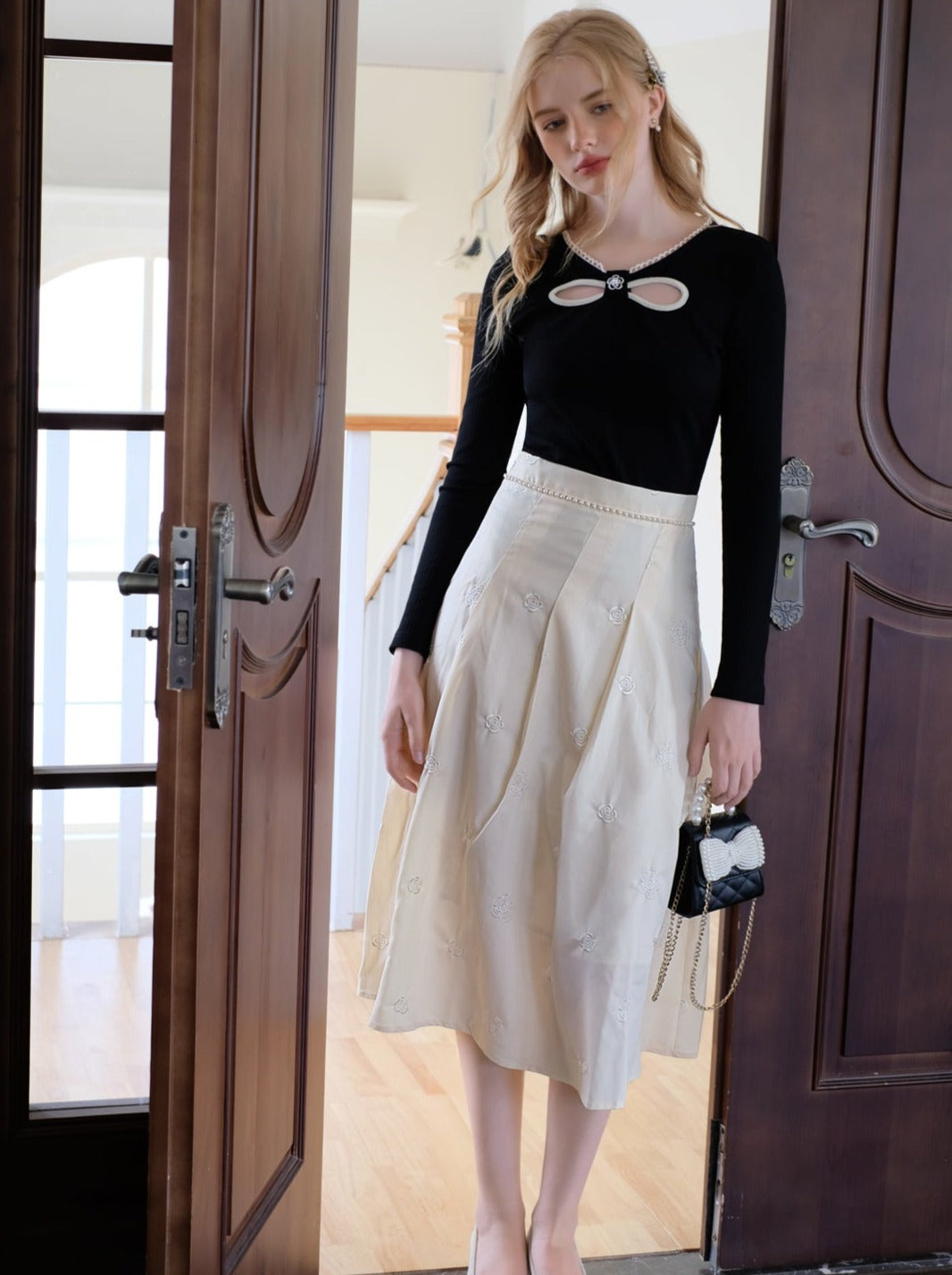 French Retro Small Fragrance Slim Knit + Pearl Skirt