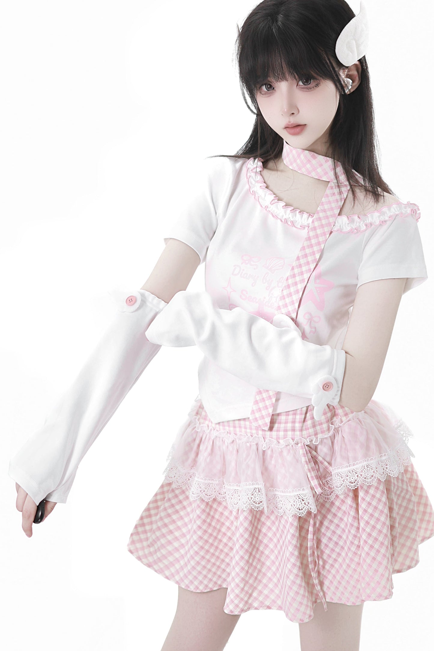 パステルスイートツインスカーフ付きTシャツ＋パフスカート＋アームカバー