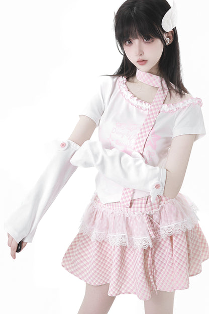 パステルスイートツインスカーフ付きTシャツ＋パフスカート＋アームカバー