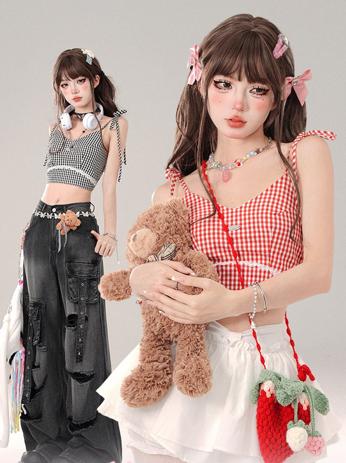 Berry Cheese Check Bow Shoulder Short Camisole