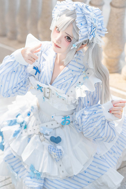 【11月5日予約締切】Blue White Striped Medical Lolita Nurse Sickly Kawaii Dress Suit Full Set (Shirt + Skirt + Apron + Back Ribbon + Leg Covers)