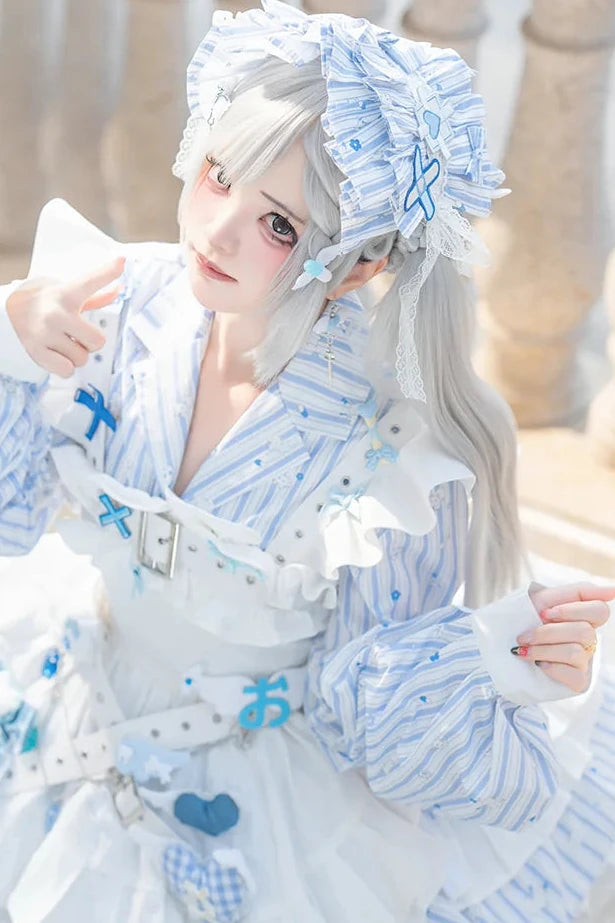 【11月5日予約締切】Blue White Striped Medical Lolita Ruffles Hairband