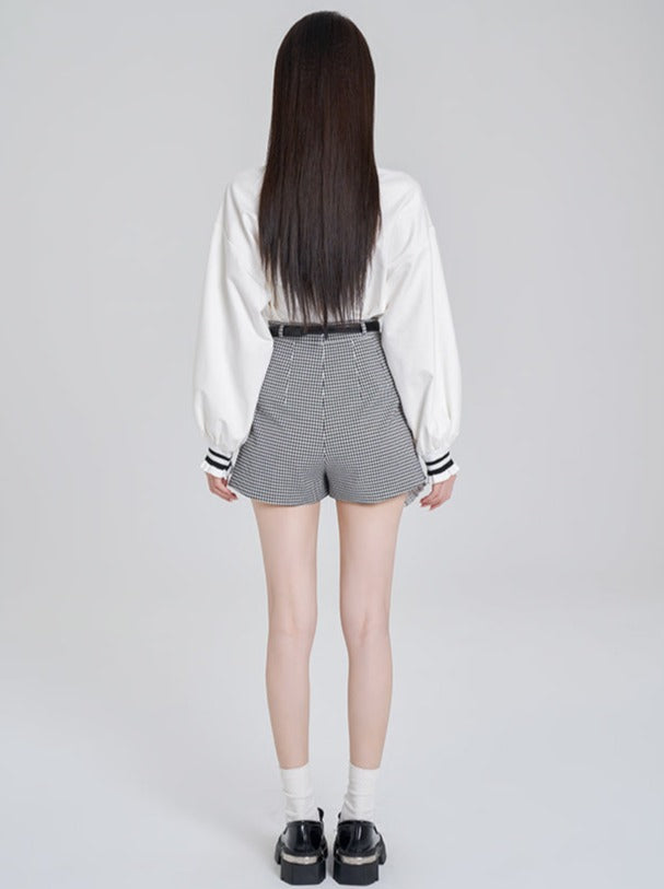 Lace Stand Collar Sweat Top + Asymmetrical Check Skirt